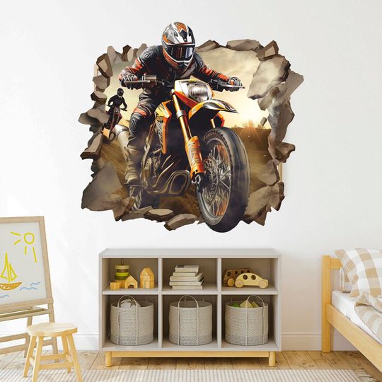Discover Motorcyclist 3D Wall Decal, Motorbike Wall Sticker, Motocross Bike, Sport, Race, Wall Tattoo, Wall Art, Decor 001