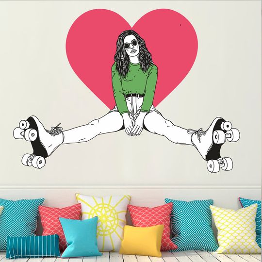 Discover Girl with Rollers Wall Decal, Street Art Wall Sticker, Heart, Wall Decals, Wall Art, Decor