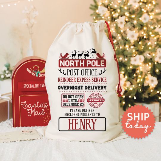 Discover North Pole Post Office Christmas Bag, Reindeer Express Service Santa Sack