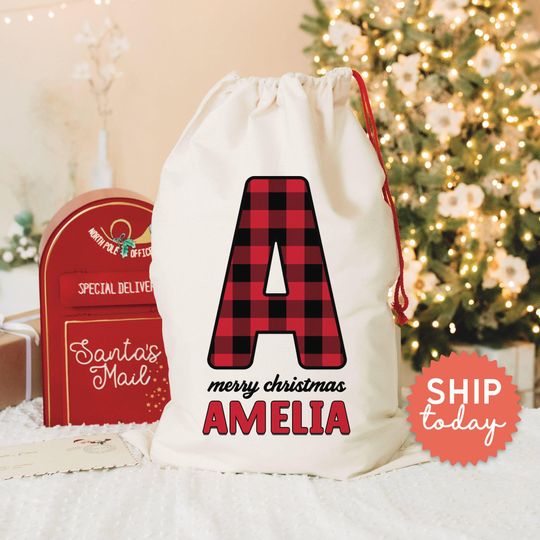 Discover Personalized Red Plaid Christmas Gift Santa Sack