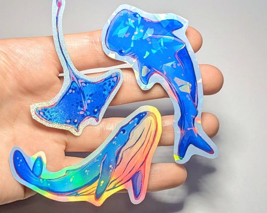 Discover Ocean Animal HOLOGRAPHIC STICKERS - Cute Marine Shark/Whale/Stingray/Jellyfish