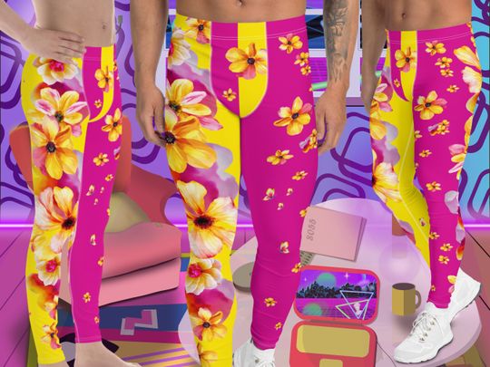 Discover Mens Leggings Floral, Yellow and Pink Flower Print Leggings