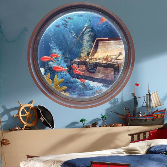 Discover Treasure Chest Wall Decal, Fishes Wall Sticker, Ocean, Porthole, Wall Decals