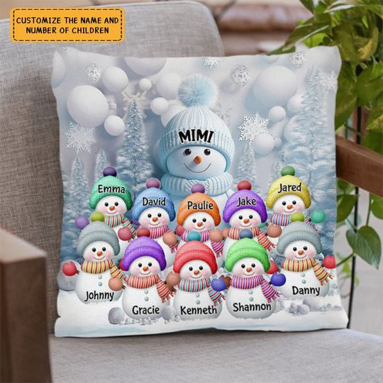 Discover Blue Vibe Snowman Grandma Mom Colorful Kids Personalized Pillow