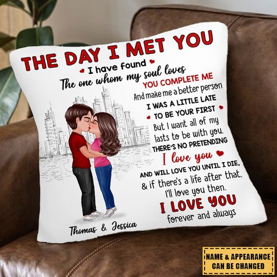 Discover Doll Couple Kissing Skyline The Day I Met You Gift For Him For Her Personalized Pillow