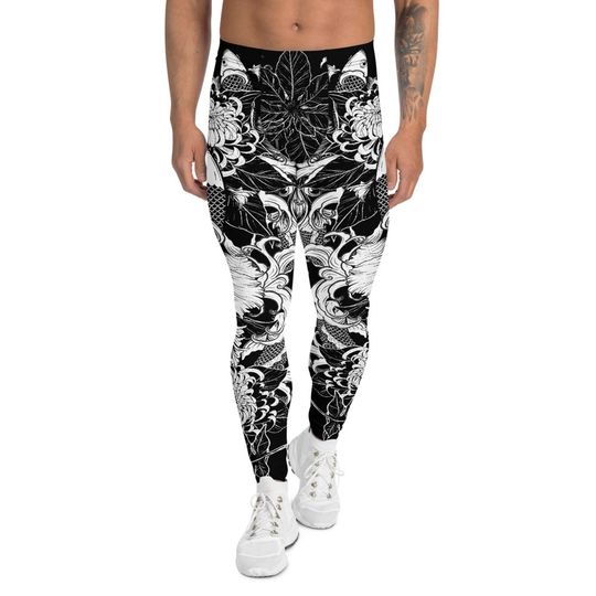Discover Koi Fish Tattoo Leggings for Men Black and White Japanese Fighting Fish Illustration