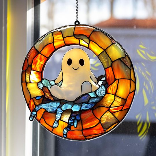 Discover Cute Swimming Ghost Faux Stained Glass Suncatcher, Acrylic Bathtub Window Hanging for Halloween or Spooky Summer Bathroom Decor