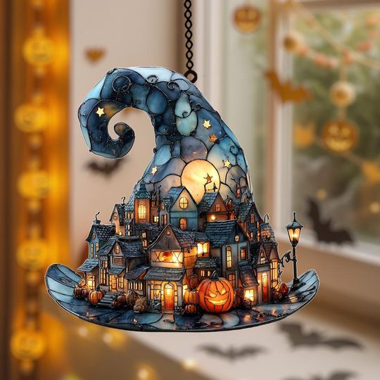 Discover Halloween Witch Hat Acrylic Window Hanging, Fantasy Witch Faux Stained Glass Suncatcher, Unique Spooky Halloween Decor