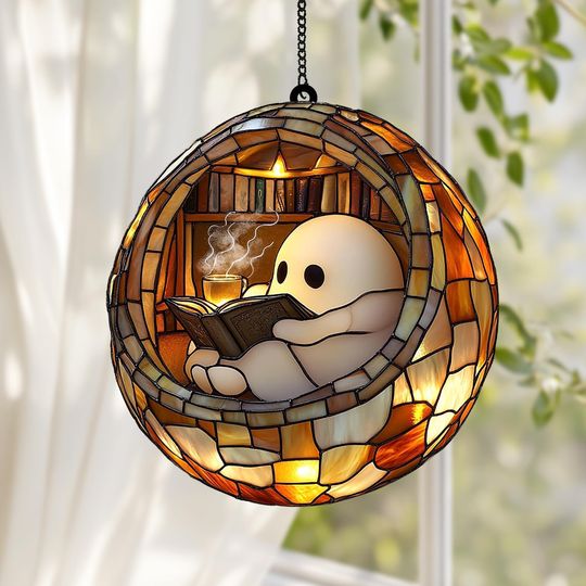 Discover Custom Reading Book Ghost Faux Stained Glass Acrylic Suncatcher, Spooky Reading Nook Window Decor for Halloween, Gothic Book Lovers Gift