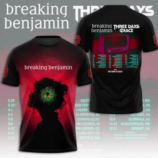 Discover Breaking Benjamin Three Days Grace 2025 Tour 3D T Shirt Full Size S-5XL