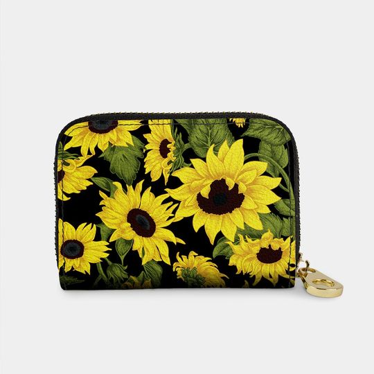 Discover Sunflowers on Black Zipper Wallet, RFID Protection Zip Card Holder, 11 Pocket Vegan Leather Wallet, Blooming Summer Floral Gifts for Her