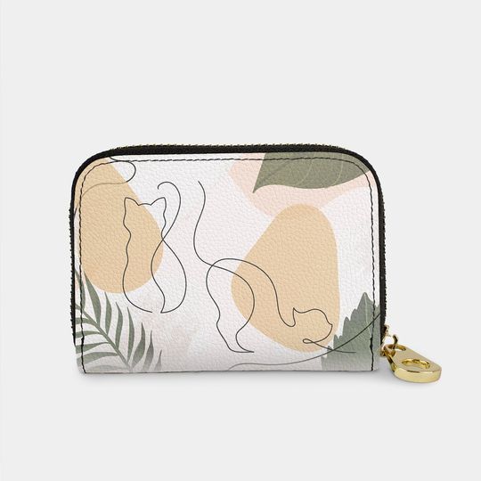 Discover Cat Life Line Art Zipper Wallet, RFID Protection Zip Card Holder, 11 Pocket Vegan Leather Wallet, Tropical Stretching Cat Gifts for Cat Mom