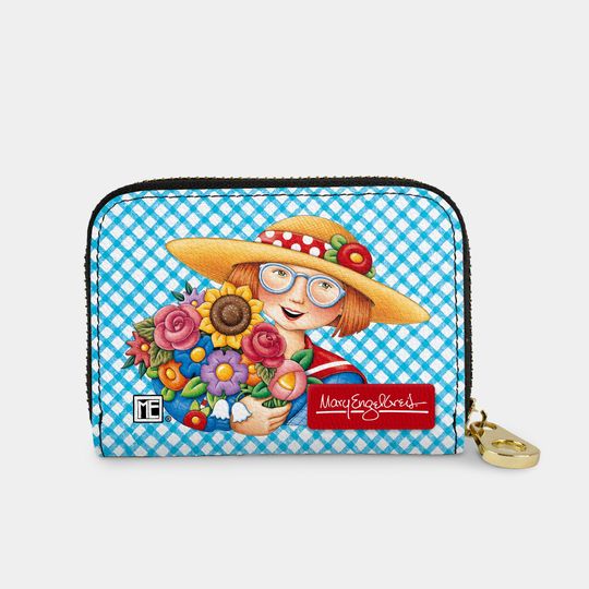 Discover Mary Engelbreit Breit Days Zipper Wallet, RFID Protection Zip Card Holder, 11 Pocket Vegan Leather Wallet, Girl with Bouquet Straw Hat Art