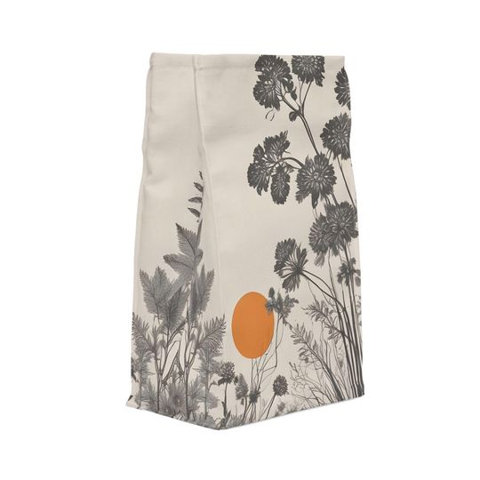 Discover Polyester Lunch Bag, bohemian botanical, minimalist design, wildflowers, beige, orange, sun, nature lover, hippie gift