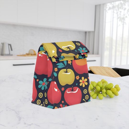Discover Vibrant Apple Print Reusable Lunch Bag Back to School Insulated Lunch Sack for Work, Picnics Colorful Eco-Friendly Fall Fruit Teacher Gift