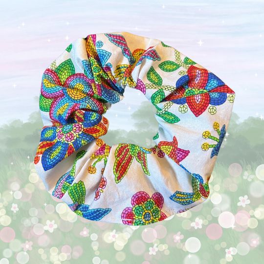 Discover White Handmade Floral Hummingbird Scrunchie | Indigenous Fabric Hair Tie | Comfortable Hair Accessory | Ponytail | Mtis & First Nations