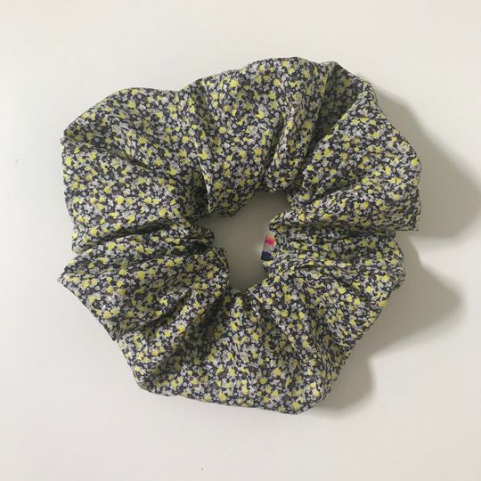 Discover Cotton medium scrunchie, mini abstract floral brown and yellow print