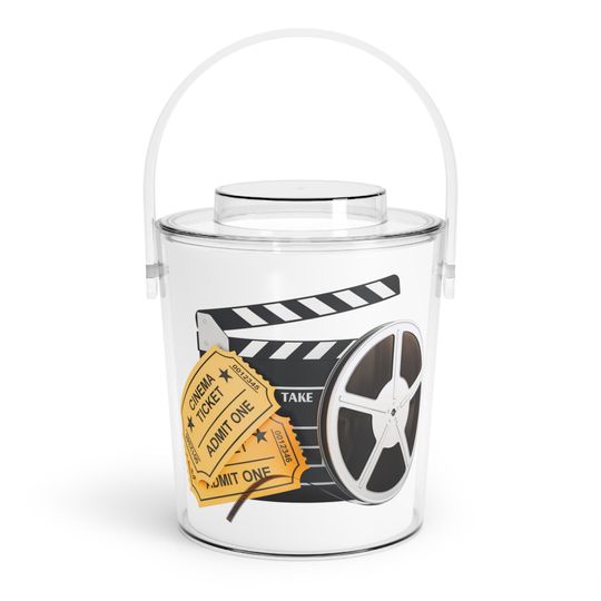 Discover Vintage Cinema Ice Bucket with Tongs, Movie Night Cooler, Retro Barware