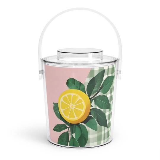 Discover Ice Bucket with Tongs, Summer Lemon Party Set - Green Gingham Mod Design