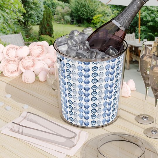 Discover Scallop Shells Watercolor Blue Coastal Kitchen Ice Bucket with Tongs