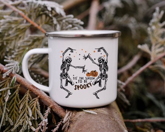 Discover Skeleton Enamel Mug Halloween gift, Spooky Coffee Mug Fall Coffee Mug Autumn Camper Mug Halloween Gift, Fall Campfire Mug Ghost Bonfire Mug