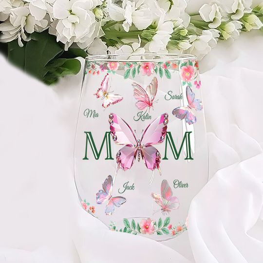 Discover Mom And Children Butterflies - Personalized Mother All Over Wine Glass