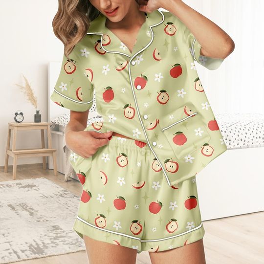Discover Apple Short Pajamas, Fruit Print Apple Pajamas Set Women
