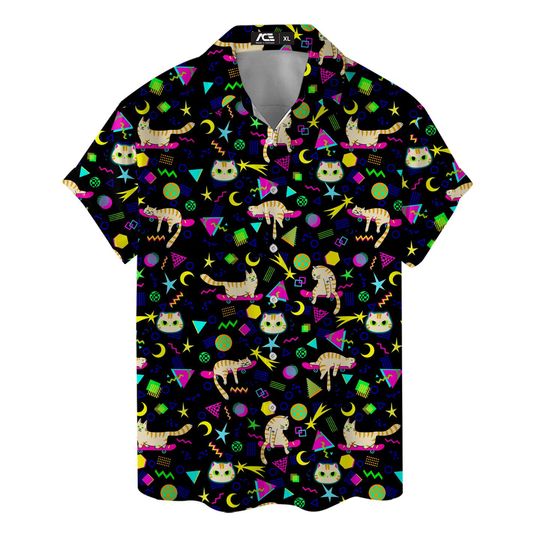 Discover Funny Cat Skateboarding Hawaiian Shirt For Men  Funny Cat Floral Button Down Shirt  Cute Neon Summer Aloha Shirt