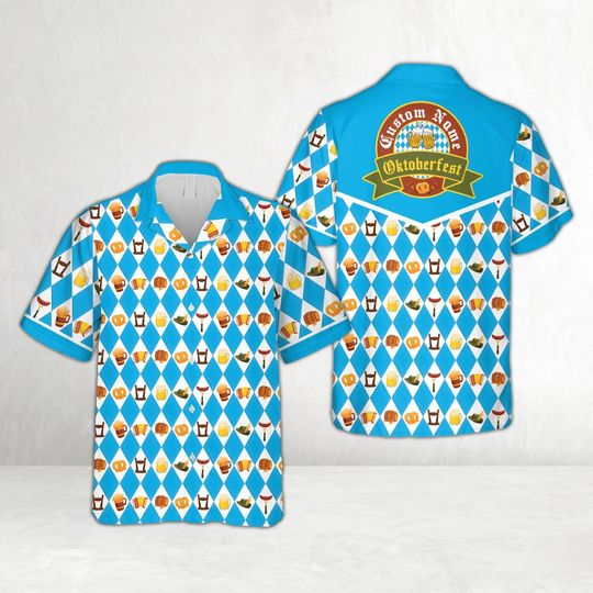 Discover Custom Name Oktoberfest Hawaiian Shirt, Beer Pretzel Sausage Pattern Button Up Shirt, Oktoberfest Drinking Team Shirt, German Festival Shirt