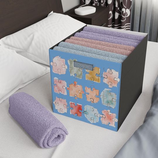 Discover Felt Storage Box - Autism Awareness Watercolor Puzzle Pieces Organizer, Nursery Decor, Playroom Bin, Craft Room Storage, Everyday Use