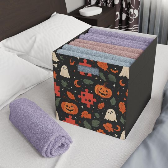 Discover Felt Storage Box, Halloween and Autism Awareness Jack-O-Lanterns Puzzle Pieces Friendly Ghosts, Playroom Organizer, Halloween Decor