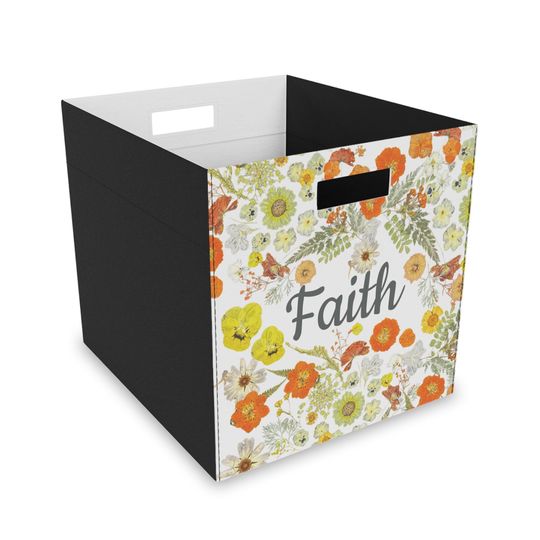 Discover Storage Bin with Pressed Flower Art and 'Faith', Felt Storage Box, Floral Print Container