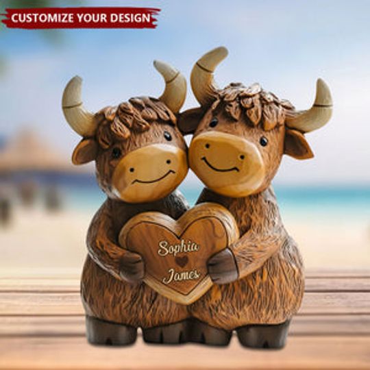 Discover Cute Highland Cow Couple - Personalized Highland Cow Custom Shaped Plaque
