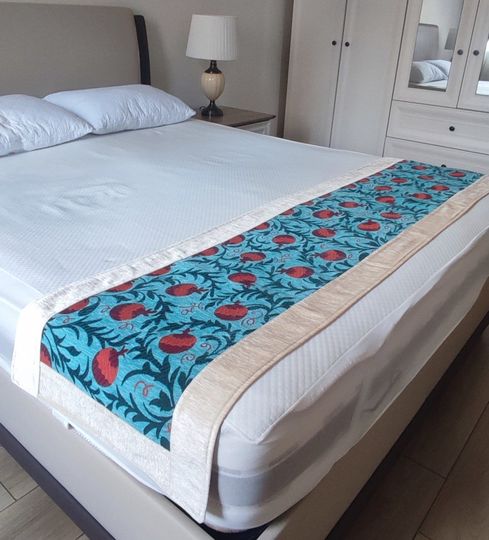 Discover Pomegranate Pattern Turquoise & Beige Colors Bed Runner