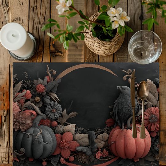 Discover Gothic Raven Pumpkin Floral Cotton Placemat