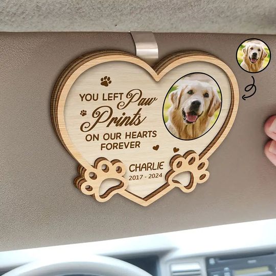 Discover Custom Photo You Left Paw Prints On My Heart Forever - Personalized Custom Shaped Car Visor Clip