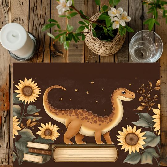 Discover Cute Bookish Sunflower Dinosaur Dining Table Placemat