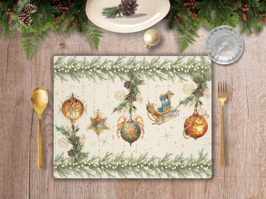 Discover Christmas Placemat Set of (4 or 6),  Elegant Cream Cotton Holiday Table Mat with Gold Ornaments Design  Vintage Holiday Table Decor
