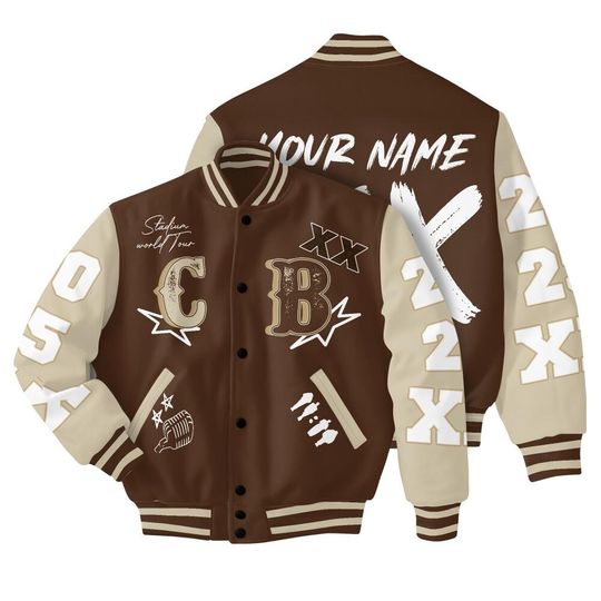 Discover Customized Name CB XX Varsity Natural Brown Jacket, Stadium Music Varsity Jacket