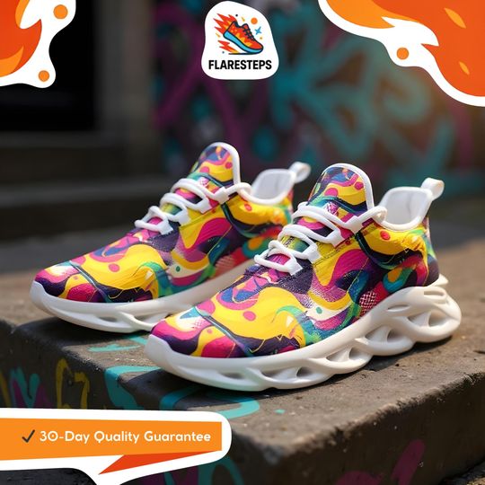 Discover Neon Sneakers  Melt print, bold unisex mesh sneakers, vibrant streetwear style
