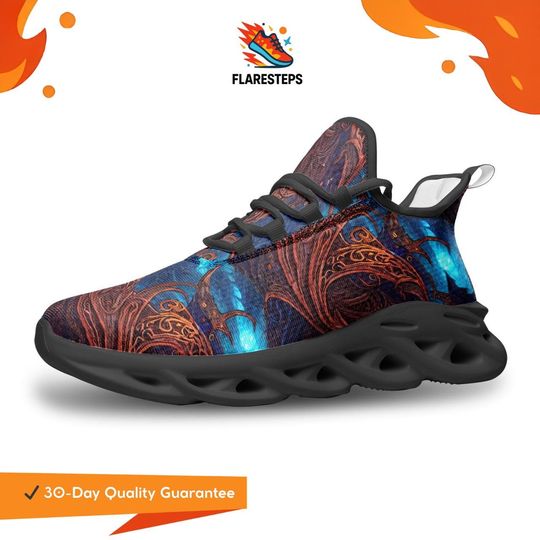 Discover Fantasy Shoes  Ember print, vibrant unisex mesh sneakers, surreal artistic style