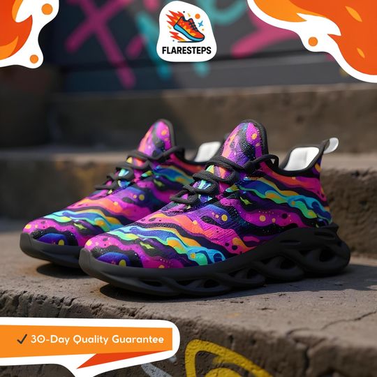 Discover Glowline Sneakers with Neon Prints  vivid unisex mesh shoes blending cosmic gradients