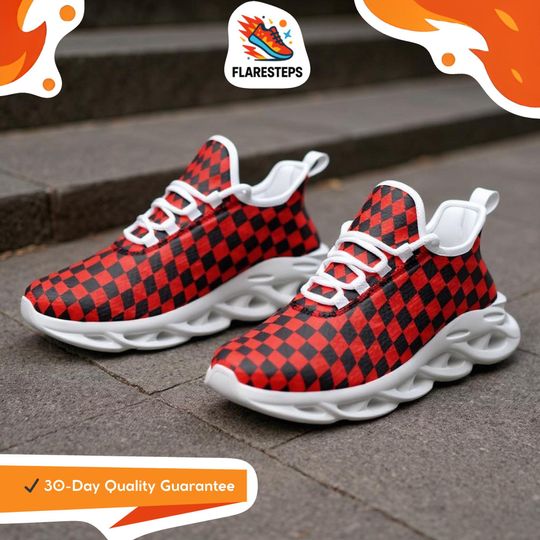 Discover Punk Shoes  Skater print, bold unisex mesh sneakers with geometric red and black design