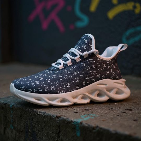 Discover Japan Shoes  Sashiko print, bold unisex mesh sneakers with Japanese calligraphy, perfect for artistic urban streetwear enthusiasts