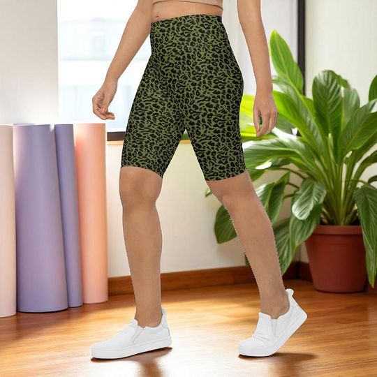 Discover Unique Leopard Print Bike Shorts, Olive Green Gym Shorts, Summer Clothing, Sporty Running Shorts