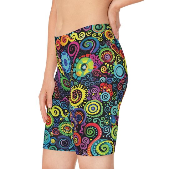 Discover Neon Psychedelic Trippy Biker Shorts for Women, Rave Festival Clothing, Colorful Stretchy Dance Workout Shorts, Retro Party Outfit, EDM Gear