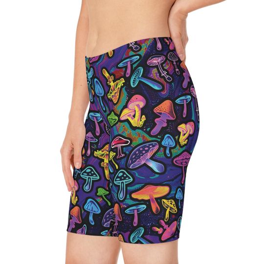 Discover Neon Psychedelic Mushroom Biker Shorts for Women, EDM Rave Festival Clothing, Colorful Stretchy Dance Workout Shorts, 90s Retro Party Outfit