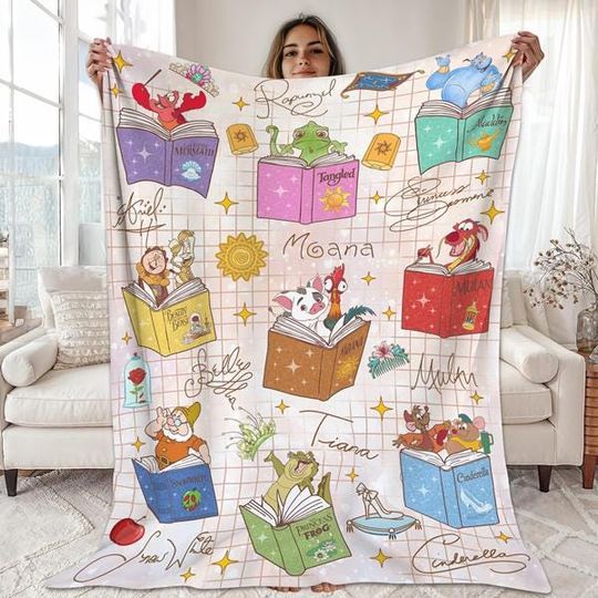 Discover DisneyPrincess Sidekicks Book Club Blanket, Watercolor DisneyPrincess Blanket, Disneyyland