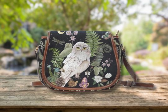 Discover MYSTICAL SNOWY OWL Cottagecore Crossbody Saddle Bag White Floral Owl Small Shoulder Bag