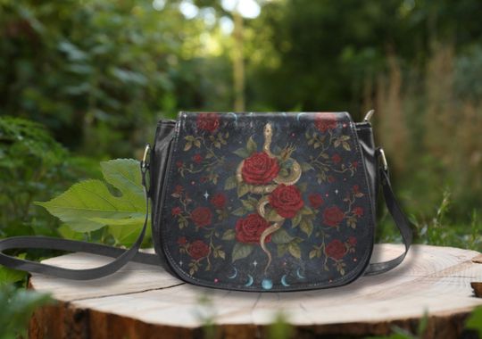 Discover SERPENTINE & Red ROSES Crossbody Saddle Bag, Mystical Moon Serpent PU Leather Bag